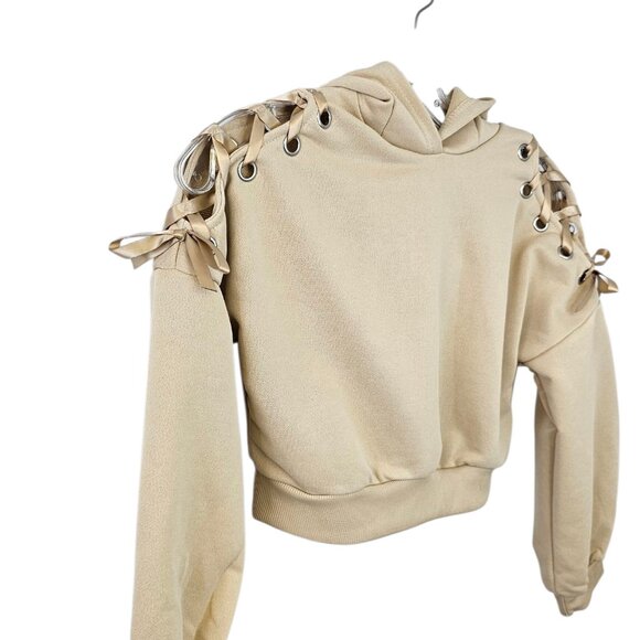 SHEIN Girls Cat Ear Hoodie, Lace Up Arm, Crop,Pullover, Beige, Size 10Y - Picture 2 of 8